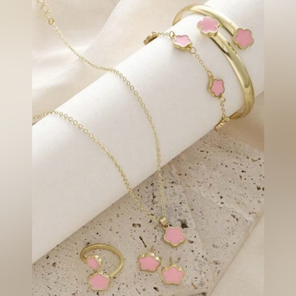 Gold and Pink Flower Jewelry Set